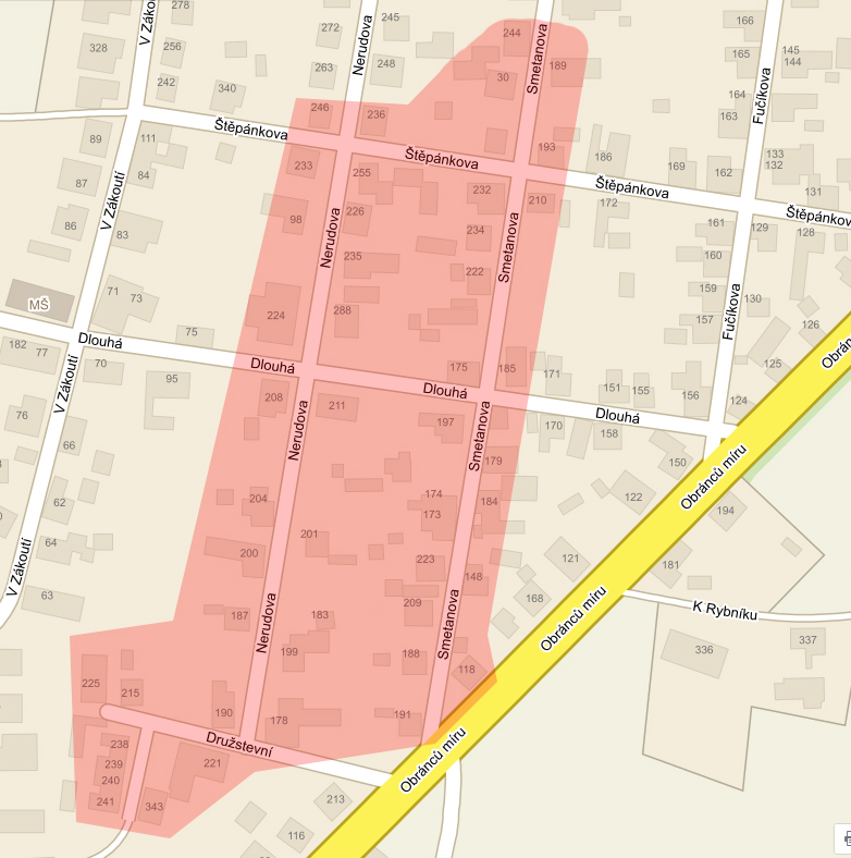 Domy, které budou 7. 3. 2015 od 8 do 16 hodin bez elektřiny.